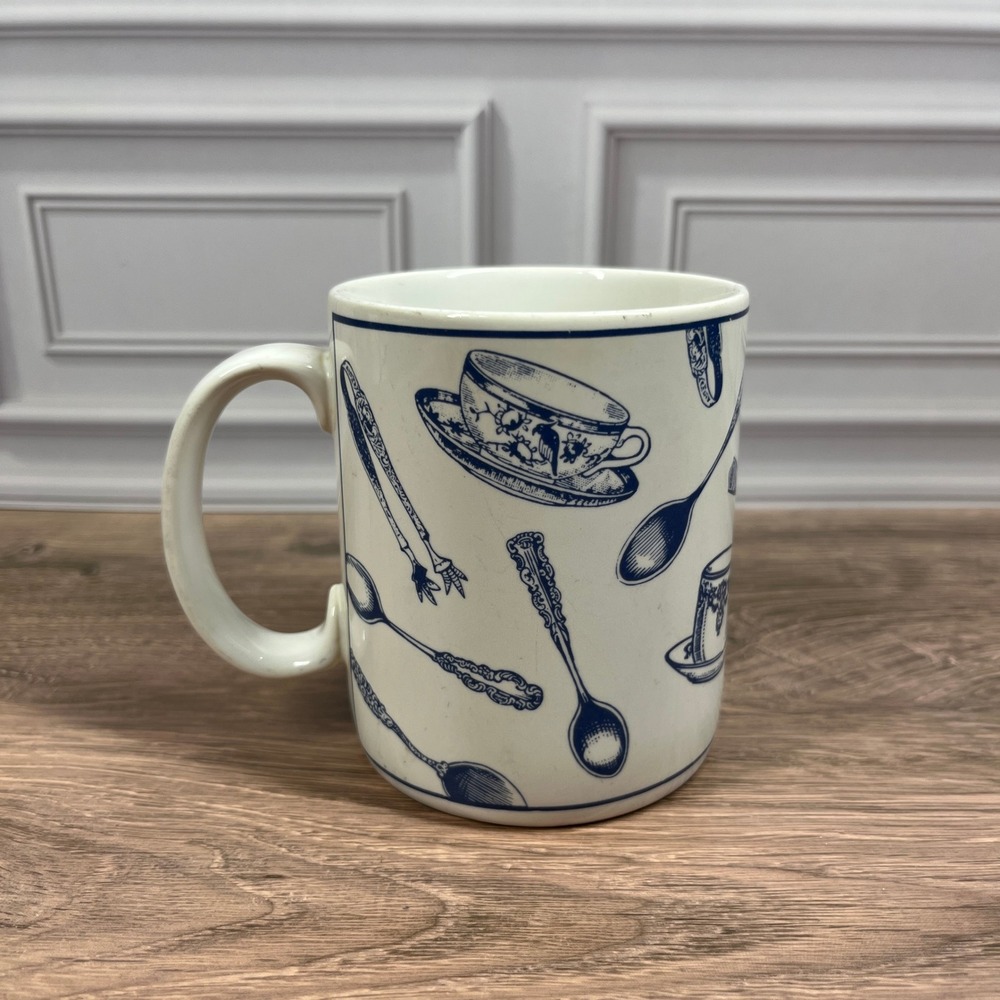 Fitz and Floyd Omnibus Mug Habitat Americana Colony Blue White Stoneware 1994‎